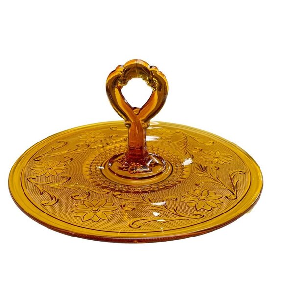 Unbranded Other - Amber Glass Handled Round Tray Plate or Centerpiece  Floral Vine Pattern 12 Inch
